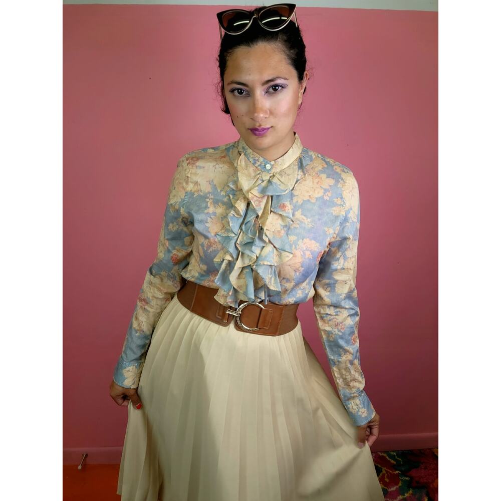 L - XXL Spring 2012 Deadstock Ralph Lauren Ruffle Front Cotton Blouse Beige Blue